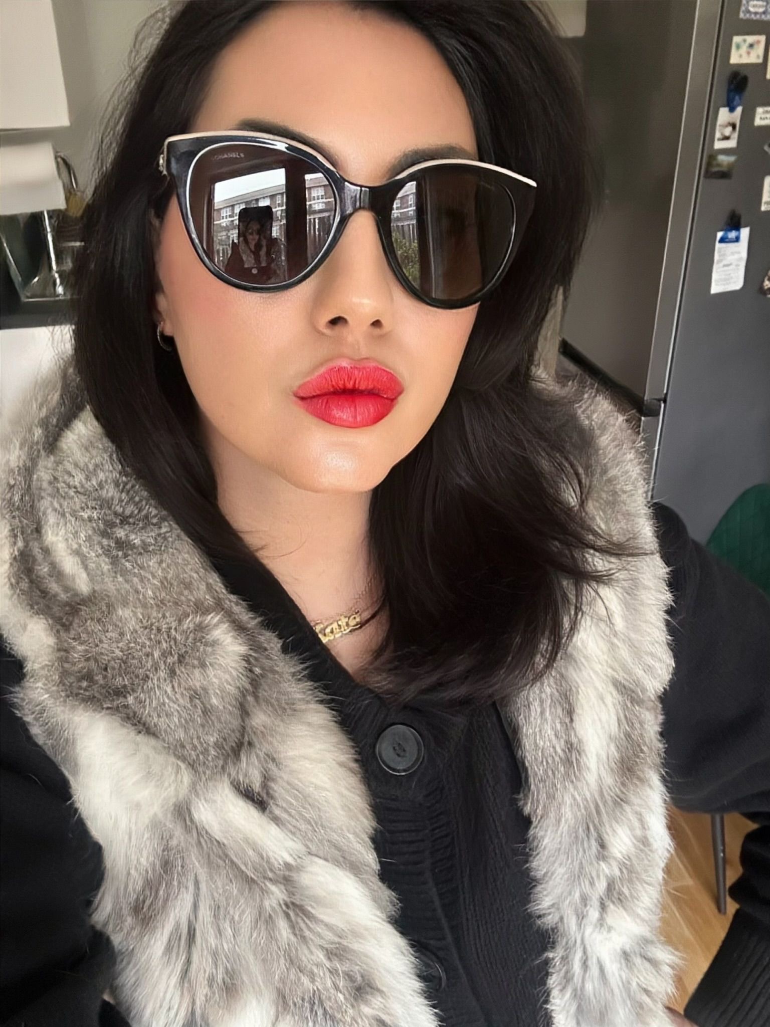 Kate in sunglasses and a fur-collared coat