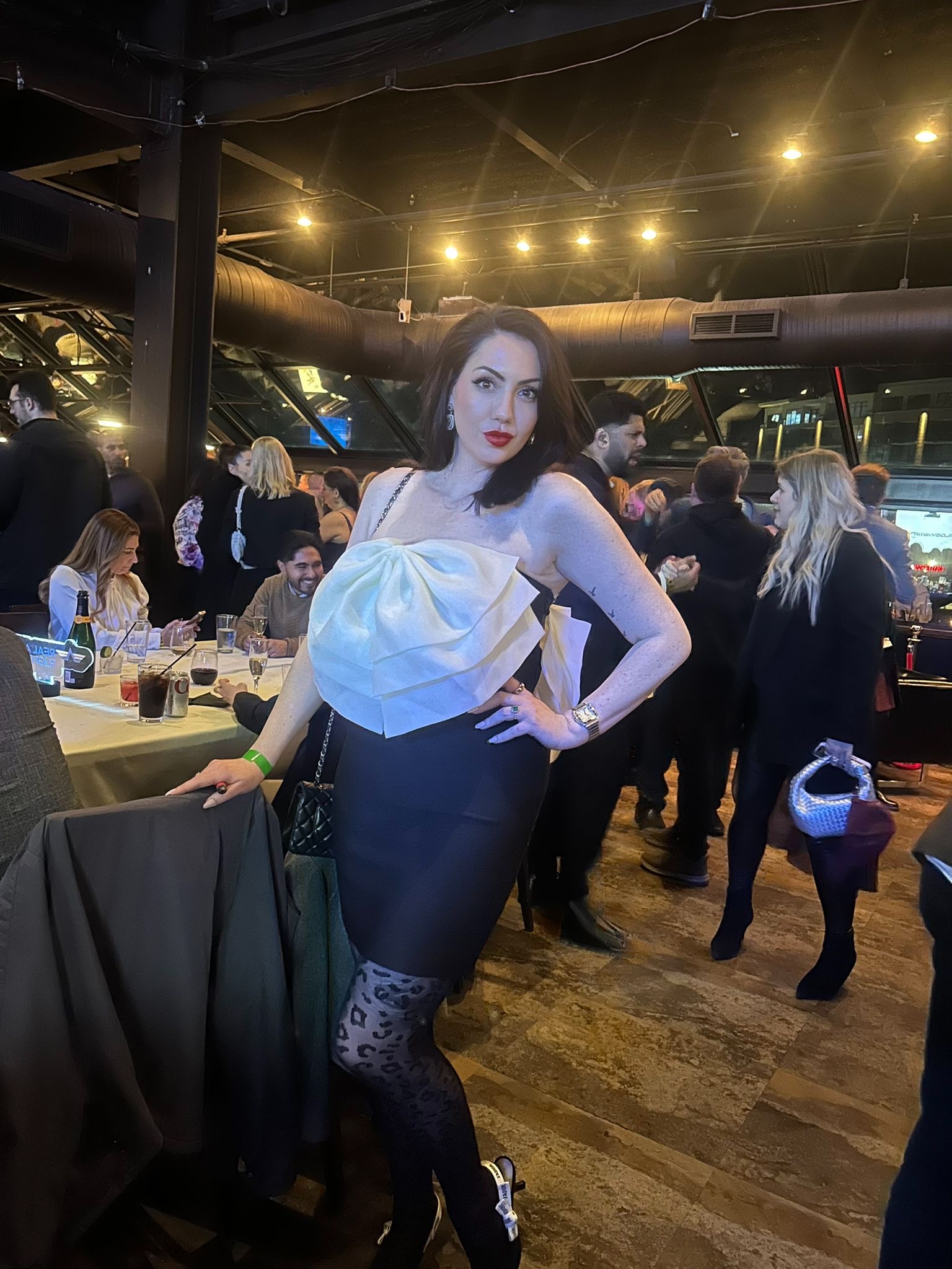 Kate at an evening event in a black and white dress